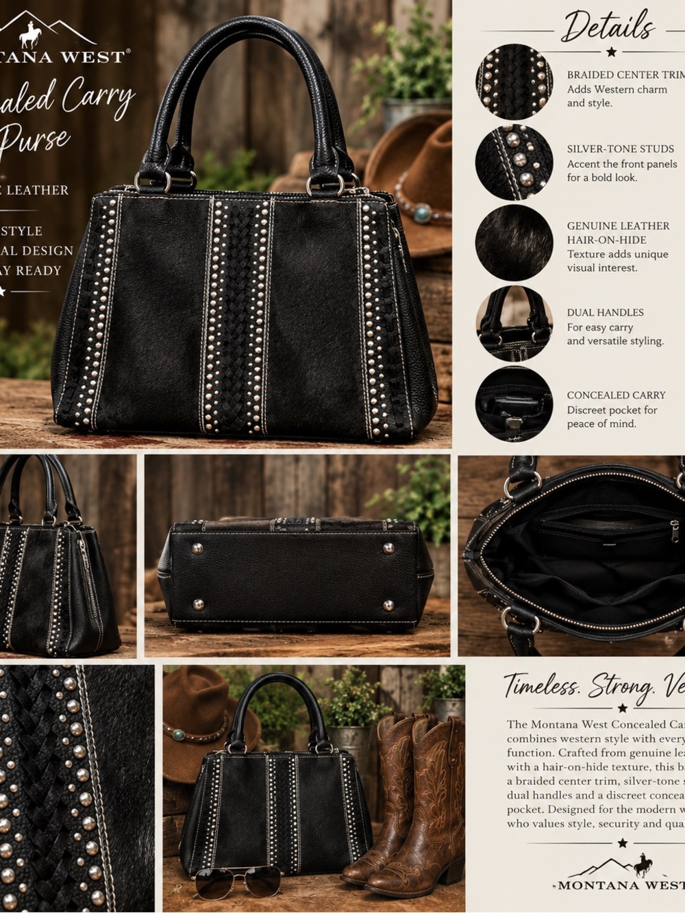 Montana West Black Braided & Studded Shoulder Tote with Hair-On-Hide Panels